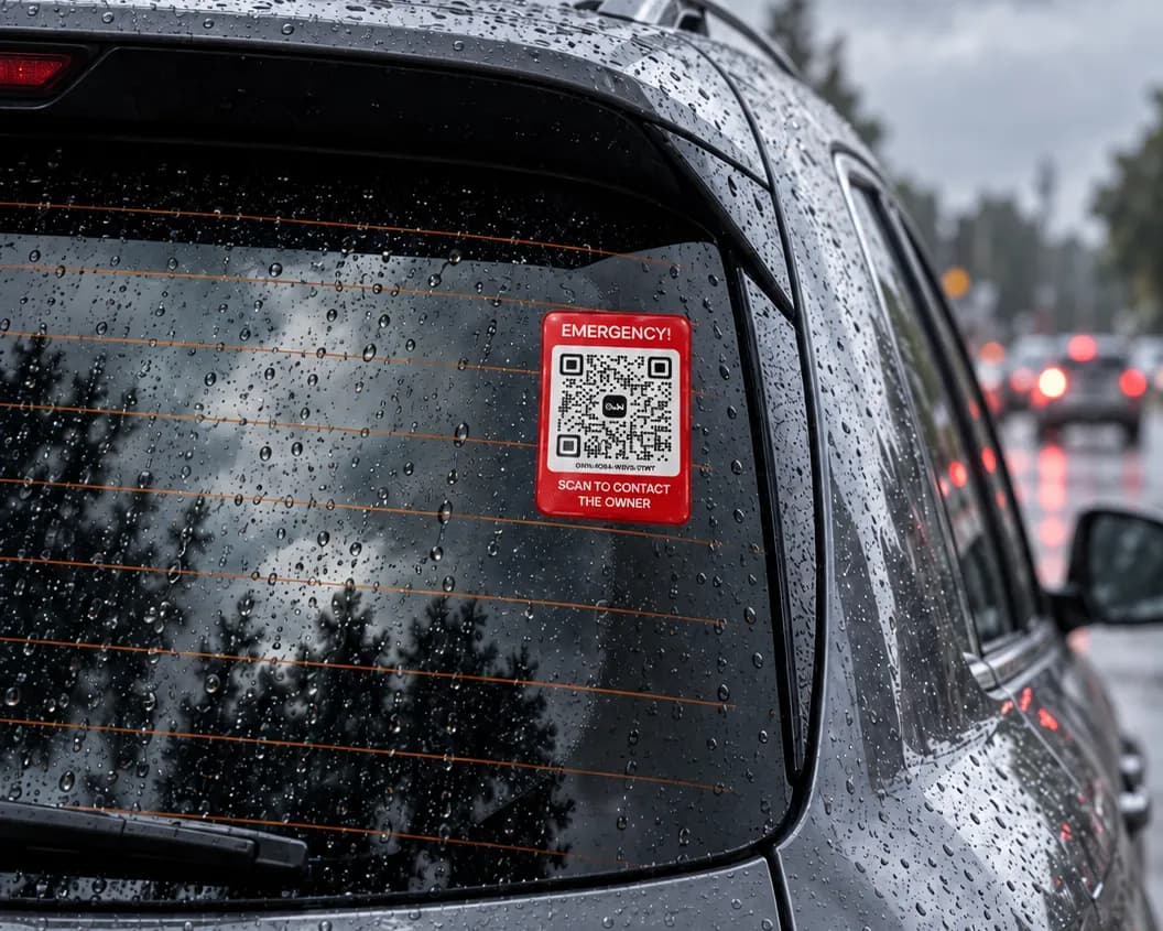 A red OWN emergency sticker on a car’s rear window in the rain