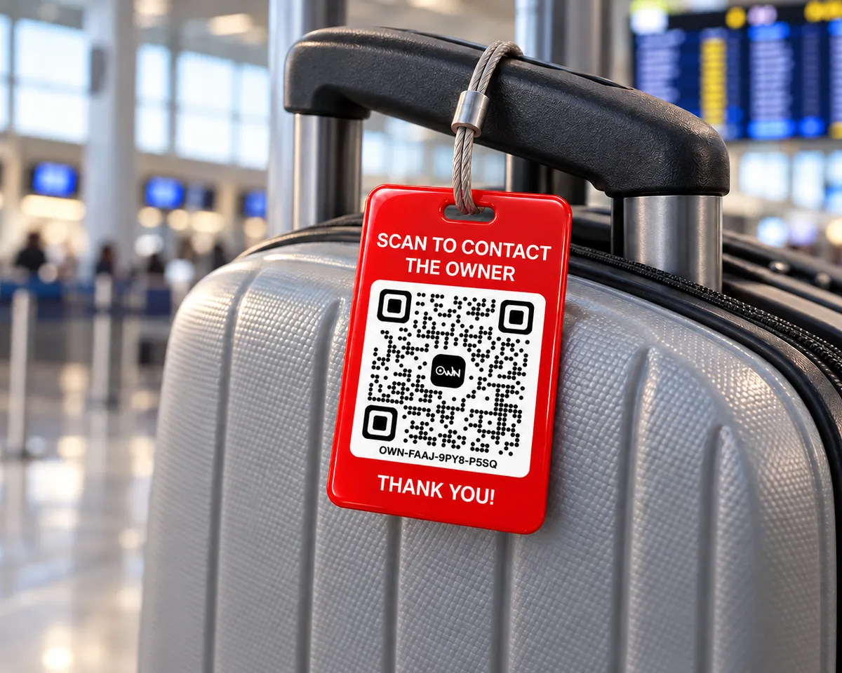 A red OWN tag on a grey suitcase at an airport